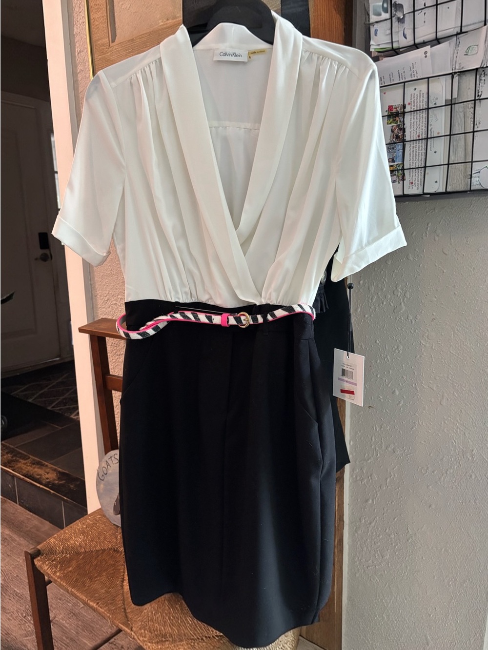 NWT Calvin Klein White and Black Faux-Wrap Dress with faux zebra print belt